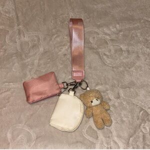 Pink Wristlet Keychain with Bear Charm and Pouches